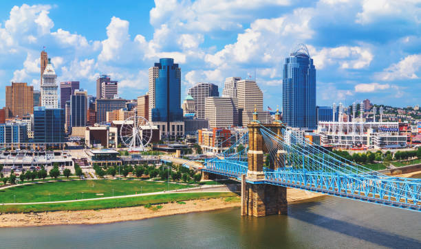 Cincinnati Ohio skyline with John Roebling bridge aerial view Cincinnati Ohio skyline with John Roebling bridge aerial view ohio river photos stock pictures, royalty-free photos & images
