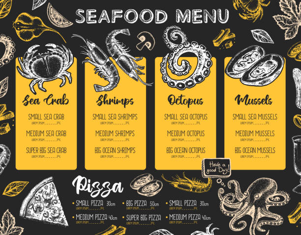 illustrazioni stock, clip art, cartoni animati e icone di tendenza di design del menu di pesce del ristorante. schizzo decorativo di frutti di mare. menu fast food - lobster cracker