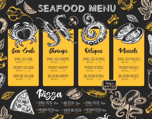 ilustrações de stock, clip art, desenhos animados e ícones de restaurant seafood menu design. decorative sketch of seafood. fast food menu - lobster cracker