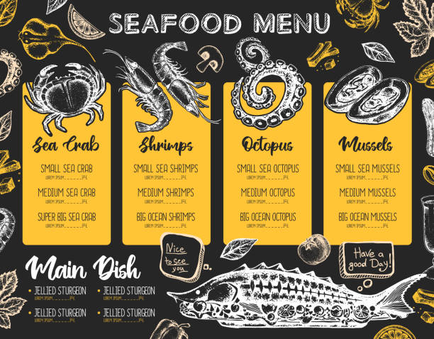 ilustrações de stock, clip art, desenhos animados e ícones de restaurant seafood menu design. decorative sketch of seafood. fast food menu - lobster cracker