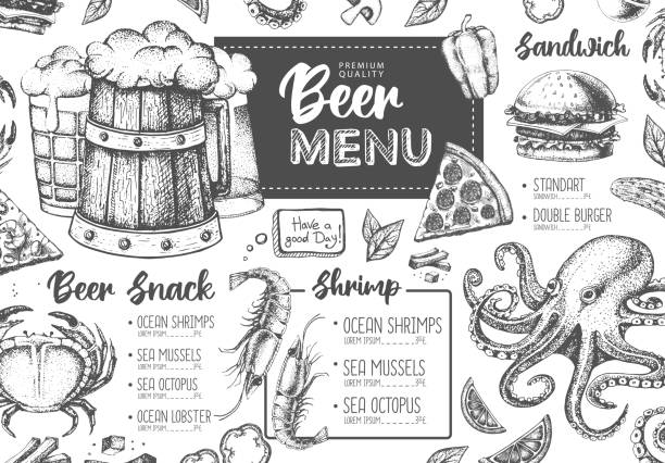 illustrations, cliparts, dessins animés et icônes de conception de menu de bière de restaurant. croquis décoratif de la bière et de la casse-croûte de fruits de mer. menu restauration rapide - lobster cracker