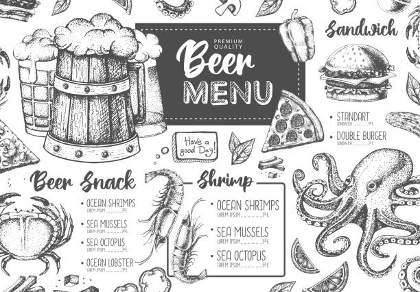 ilustrações de stock, clip art, desenhos animados e ícones de restaurant beer menu design. decorative sketch of beer and seafood snack. fast food menu - lobster cracker