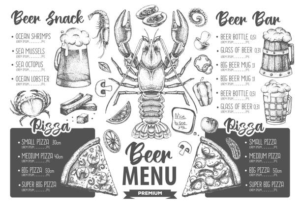 illustrations, cliparts, dessins animés et icônes de conception de menu de bière de restaurant. croquis décoratif de la bière et de la casse-croûte de fruits de mer. menu restauration rapide - lobster cracker