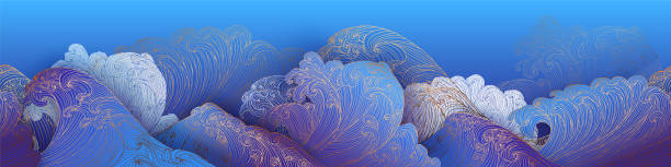 Line art design of waves, montain, modern hand-drawn vector background, gold ink pattern. Minimalist Asian style.