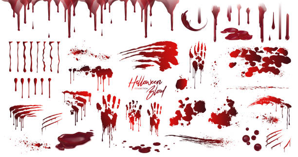 Blood collection, Happy Halloween decoration, Vector bloody horror drop, drip, splatter Blood collection, Happy Halloween decoration, Vector bloody horror drop, drip, splatter, creepy splash, spot. Realistic blood on transparent background, isolated. splattered blood stock illustrations