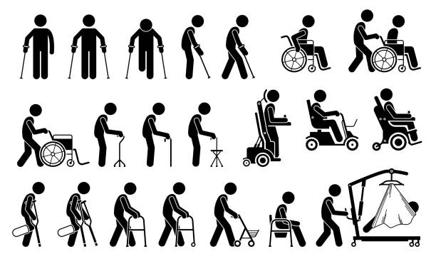 Mobility aids medical tools and equipment stick figure pictogram icons. Artwork signs symbols depicts man walking with crutches, wheelchair, cane, electric wheelchair, power scooter, and walker. walking stick stock illustrations