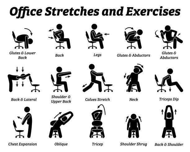 Working office stretches and exercises to relax tension muscle. Vector illustrations depict techniques and postures of a man stretching with an office chair at workplace. exercise stock illustrations