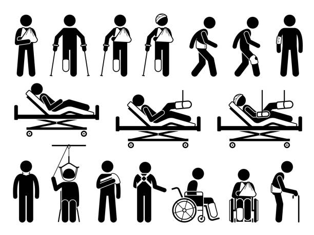 Orthopedics medical products support for pain and body injury due to accident. Icons are hospital bed, plaster cast, broken arm cast sling, backache belt, knee guard protector, wheelchair, and splint. arm sling stock illustrations