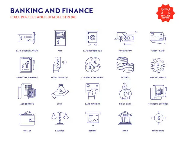 Vector illustration of Banking and Finance Icon Set with Editable Stroke and Pixel Perfect.