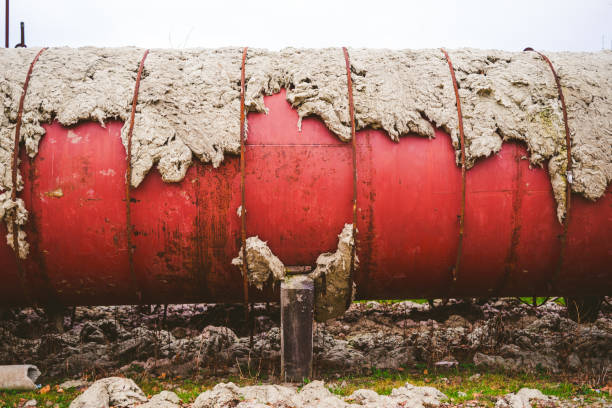 뒷마당의 오래된 대형 프로판 탱크 - lpg tank 뉴스 사진 이미지