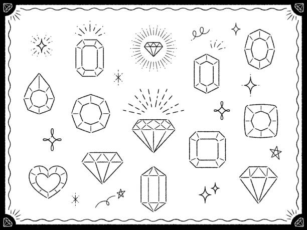 Illustration set of hand drawn style jewels and stars Hand drawn style line illustration set of various shaped gem stones, glittering stars and frame diamond gemstone stock illustrations