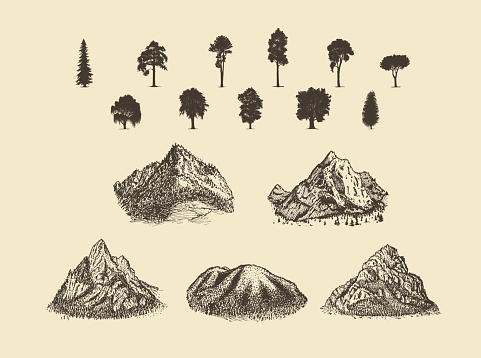Mountains of different shapes with silhouettes of different trees. Hand drawn illustrations collection. Mount landscapes set, vector sketches.