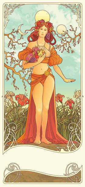 Art Nouveau Poster Design Beautiful woman, symbol of Spring, summer and fertility springtime woman stock illustrations