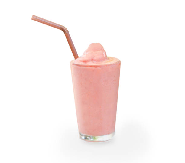 istock Closeup strawberry smoothie on white background, selective focus 1309037388