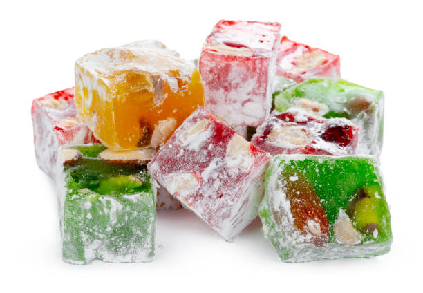 istock Bunch of colorful Turkish Delight sweets isolated on white 1309037840