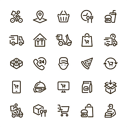 Food Delivery icons set #17
Specification: 25 icons, 36x36 pх, Perfect fit to 48x48 or 64x64 container, stroke weight 2 px.
Features: Pixel Perfect, Unicolor, Single line.

First row of  icons contains:
Delivery by bike, Location, Shopping Basket, Meal Breaks, Hamburger & Soda (Fast Food);

Second row contains: 
Delivery Truck, Home Food, Food Delivery by bike, Shopping Bag, Fast Delivery;

Third row contains: 
Salmon Roll, 24 Hrs, Delivery Person, Pizza, Reload Shopping Cart; 

Fourth row contains: 
Ordering Food, Serving Tray, Online Order, Take Away Food, Packaging;

Fifth row contains: 
Food Delivery Service, Food Packaging, Shopping, Hamburger & Paper Bag, Pizza Delivery Man.

Look at complete Lovico collection — https://www.istockphoto.com/collaboration/boards/lMC2_wNPxEicskAakpAbgA