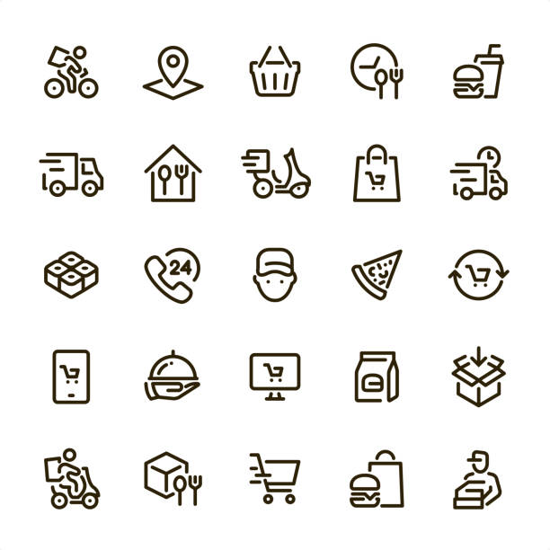 Food Delivery - Pixel Perfect line icons Food Delivery icons set #17
Specification: 25 icons, 36x36 pх, Perfect fit to 48x48 or 64x64 container, stroke weight 2 px.
Features: Pixel Perfect, Unicolor, Single line.

First row of  icons contains:
Delivery by bike, Location, Shopping Basket, Meal Breaks, Hamburger & Soda (Fast Food);

Second row contains: 
Delivery Truck, Home Food, Food Delivery by bike, Shopping Bag, Fast Delivery;

Third row contains: 
Salmon Roll, 24 Hrs, Delivery Person, Pizza, Reload Shopping Cart; 

Fourth row contains: 
Ordering Food, Serving Tray, Online Order, Take Away Food, Packaging;

Fifth row contains: 
Food Delivery Service, Food Packaging, Shopping, Hamburger & Paper Bag, Pizza Delivery Man.

Look at complete Lovico collection — https://www.istockphoto.com/collaboration/boards/lMC2_wNPxEicskAakpAbgA bag lunch stock illustrations