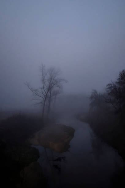 istock Deeply foggy landscape on a winter stream river night scene 1309040152
