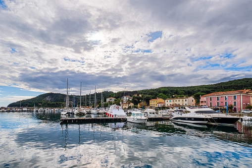 Boats moored in the marina of Cavo, a beach resort of Elba, the biggest island of the Tuscan Archipelago.
