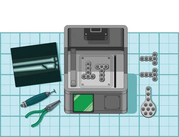 Vector illustration of Metal 3d printer printing out metal plates for bone surgery. Custom made plates based on patient datas and bone scans. Files and caliper to finalize the parts. Zero waste process and renewable materials.
