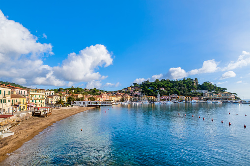 Promenade of Porto Azzurro, a famous tourist resort on Elba, the biggest island of the Tuscan Archipelago.