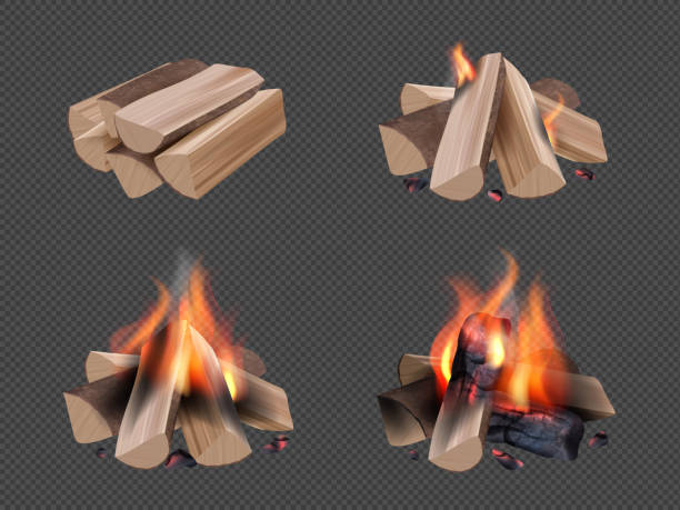 lagerfeuer realistisch. brennende flamme in holz lager kamin lagerfeuer mit rauch reisesymbole sammlung anständig vektor vorlage isoliert - campfire coal burning flame stock-grafiken, -clipart, -cartoons und -symbole