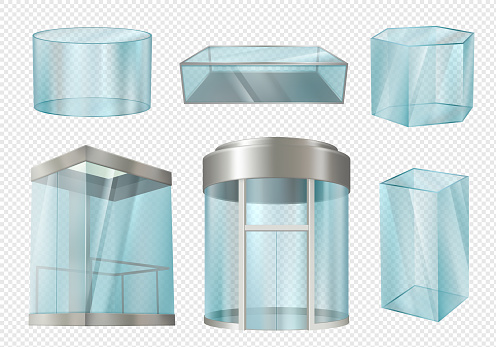 Glass cylinders. Transparent showcases stands in various forms cylinder cube blank elevator in mall. Decent vector realistic templates. Illustration glass transparent box, showcase to museum