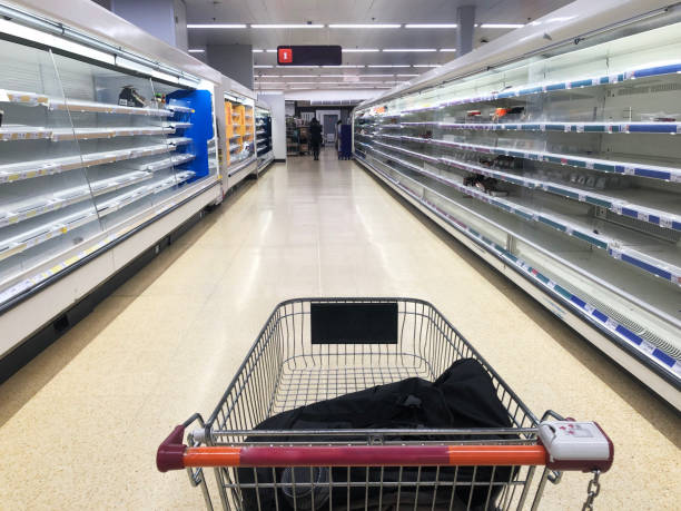 Panic buying, empty supermarket. Empty supermarket sheles from panic buying during COVID-19 pandemic.Supermarket stortages caused by panic buying of items during pandemic. sold out photos stock pictures, royalty-free photos & images