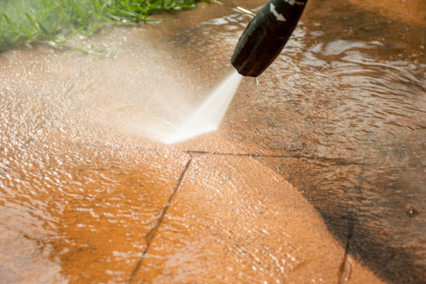 istock Selective focus. Cleaning backyard paving tiles with high pressure washer. 1309049618