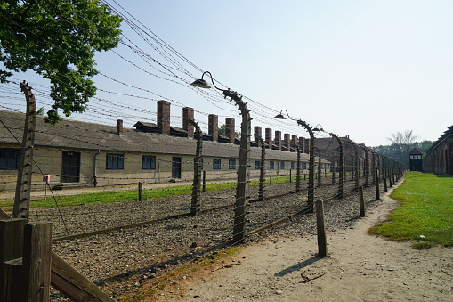 Photo of barbed wires around Auschwitz - Birkenau concentration camp.