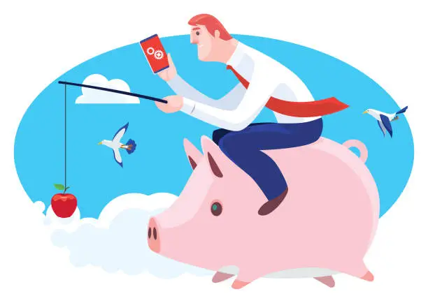 Vector illustration of businessman riding piggy bank and holding smartphone
