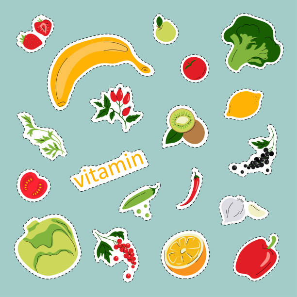 ilustraciones, imágenes clip art, dibujos animados e iconos de stock de colección de fuentes de vitamina c - paquete de pegatinas. paquete de frutas y verduras frescas. concepto de alimentos saludables. - vegetable vitamin a tomato vitamin c