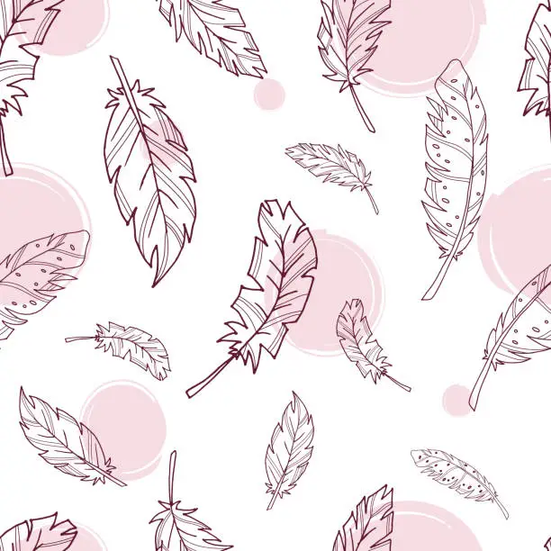 Vector illustration of Seamless pattern with contoured feathers. Vector background. Stock vector illustration. Feathers. Black outline on a white background. Pink spot.