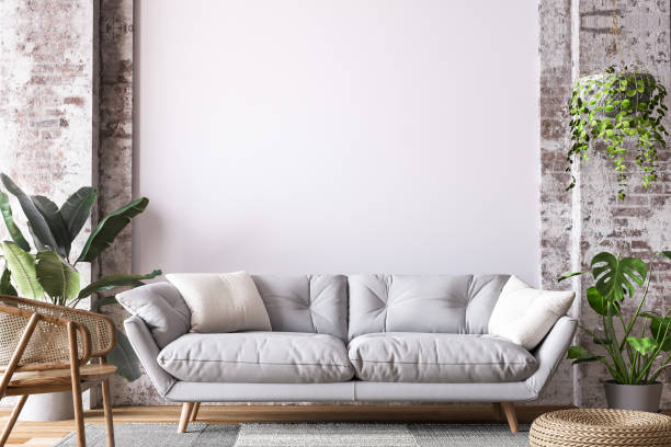 istock Living room design in loft apartment, white sofa on empty wall mockup 1309054563