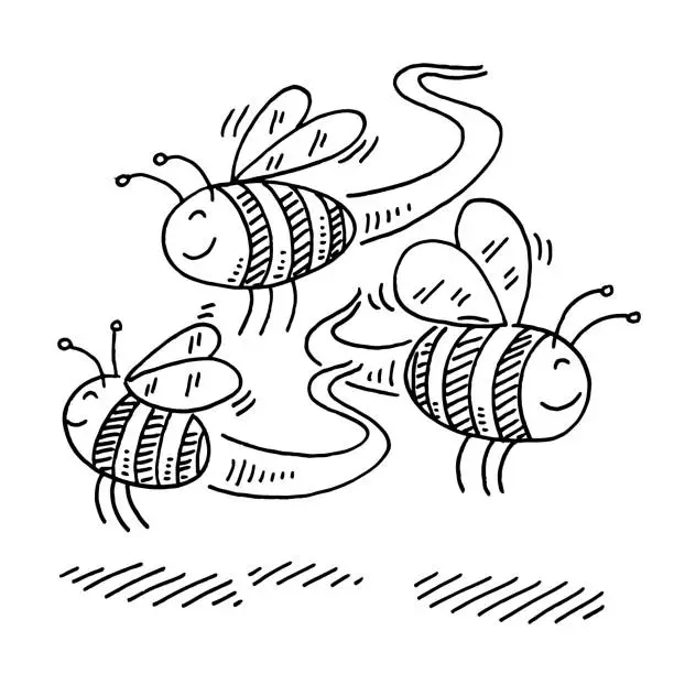 Vector illustration of Cute Flying Cartoon Bees Drawing