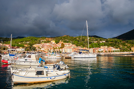 Boats moored at the marina of Rio Marina, one of the historic towns on Elba, the biggest island of the Tuscan Archipelago.
