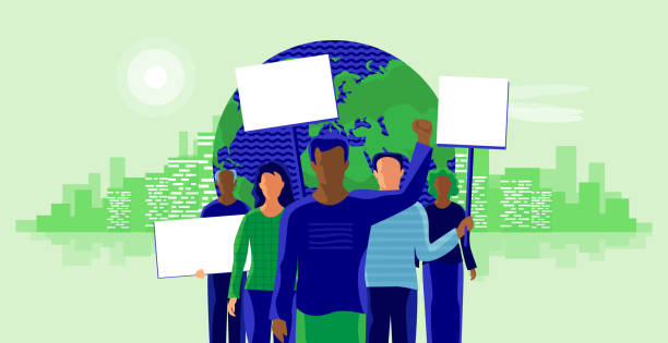 Group of People Protesters Protesting Against Climate Change Illustration of environmental activists against climate change. Group of people protesters standing together to save the Earth planet with blank banner boards. People taking part in parade or rally. climate protest stock illustrations