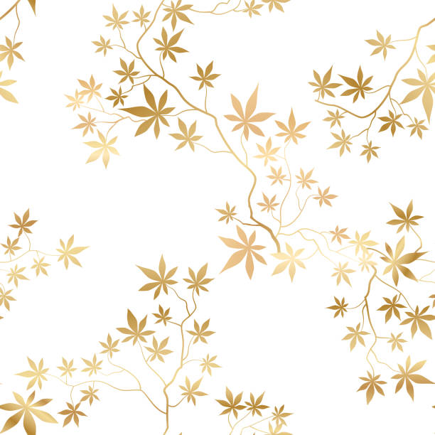 エレガントなレトロな東中国風のカエデの葉の花柄。メープルブランチを持つ抽象的な繁栄観賞園。日本的なアジアの動機で繁栄する自然の背景 - japanese maple leaf autumn abstract点のイラスト素材／クリップアート素材／マンガ素材／アイコン素材
