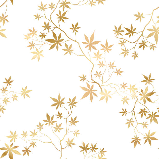 Floral pattern with maple leaves in elegant retro eastern chinese style. Abstract Flourish ornamental autumal garden with maple branch. Flourish nature background with  japanese orient asian motive Floral pattern with leaves and flowers in elegant retro eastern chinese style. Abstract seamless floral background. Flourish ornamental golden garden with maple branch. Flourish nature  japanese oriental  asian motive Japanese Maple stock illustrations