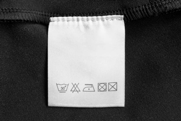 Care instructions clothing label on black textile background