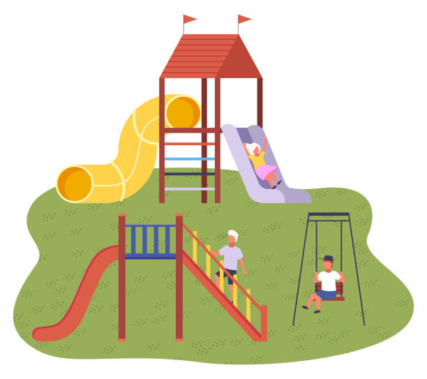 istock Children s summer playground with slide swings and other elements of amusement park for children 1309060111