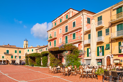 Piazza Matteotti is the main square of Porto Azzurro, a famous tourist resort on Elba, the biggest island of the Tuscan Archipelago.