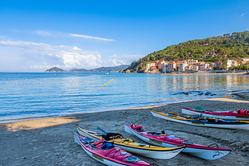 Kayaks on the beach of Marciana Marina, a charming town on Elba, the biggest island of the Tuscan Archipelago.