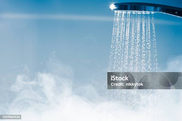 Shower With Flowing Water And Steam Stock Photo - Download Image Now - Shower, Steam, Heat - Temperature
