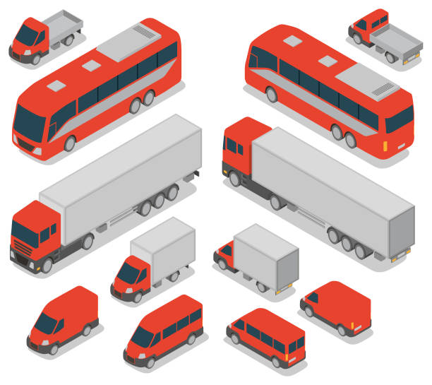 Isometric commercial vehicles set vector art illustration