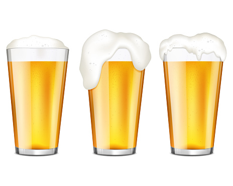 Realistic glasses of beer with bubbles and flowing white foam, isolated on white background.