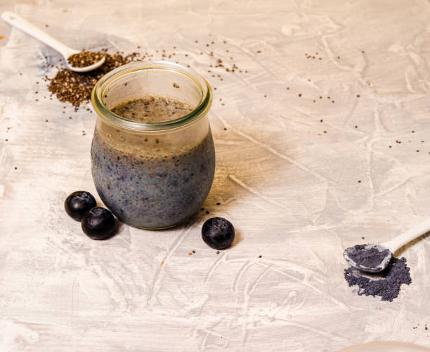 istock Homemade blueberry chia pudding decorated with fresh berries on concrete background 1309062941