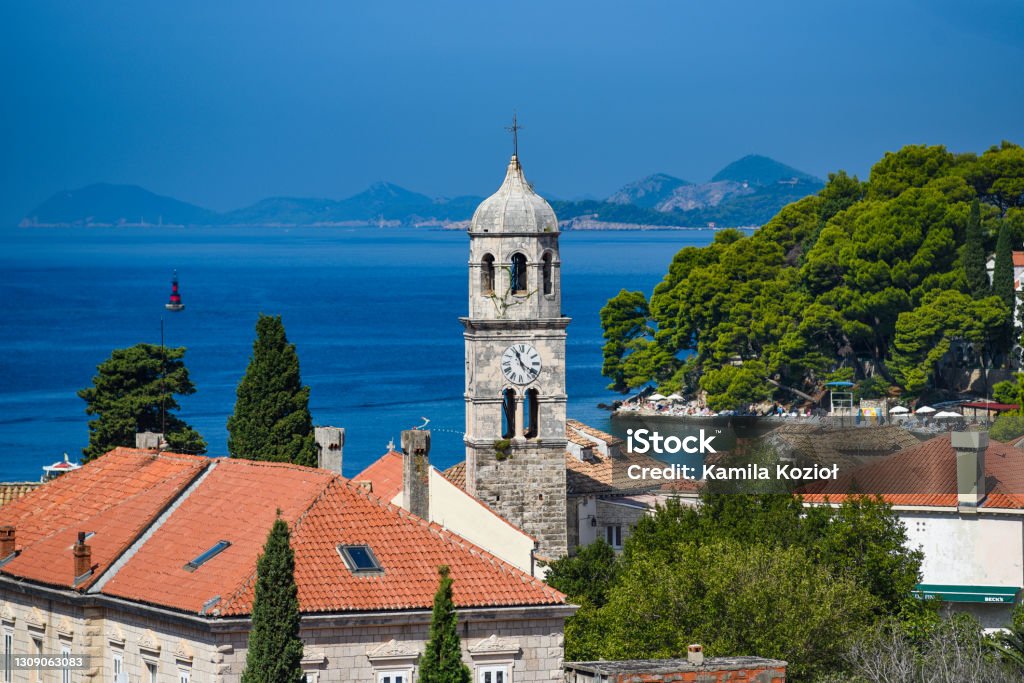 View of the church tower and the bay in Cavtat, Croatia. Cavtat Stock Photo