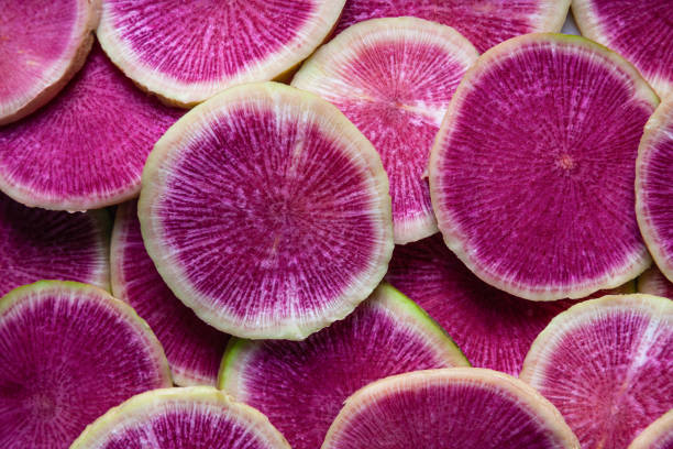 Slices of watermelon radish. Food background. Slices of watermelon radish. Food background. Close up. dikon radish stock pictures, royalty-free photos & images