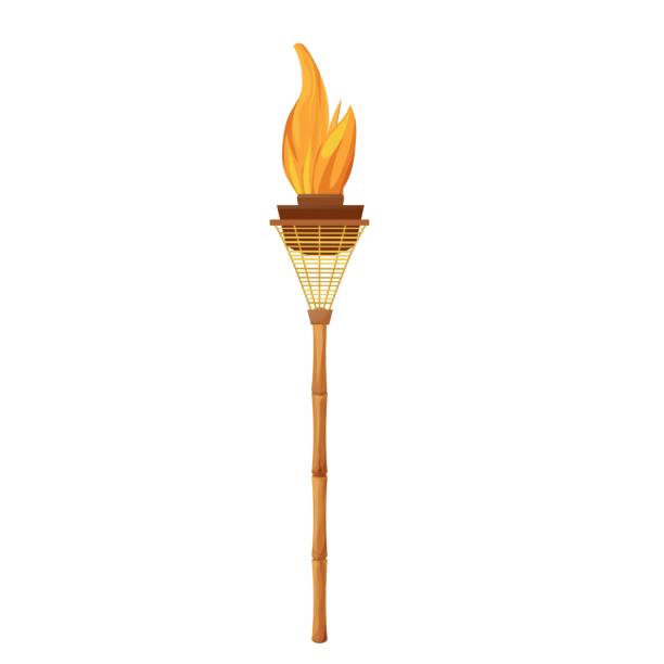 Tiki torch with bamboo stick with flame in cartoon style isolated on white background. Hawaiian decoration, island symbol. Vintage element, summertime. Tiki torch with bamboo stick with flame in cartoon style isolated on white background. Hawaiian decoration, island symbol. Vintage element, summertime. tiki torch stock illustrations